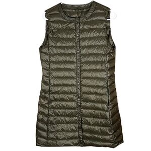 Down Puffer Vest Lightweight Dark Green Sz M Snap Closure Zippered Pockets Long